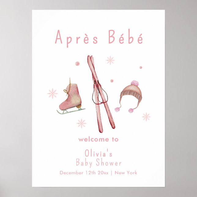 Rosa Vinter Après Bébé Skid Babyshower Välkommen Poster (Framsidan)