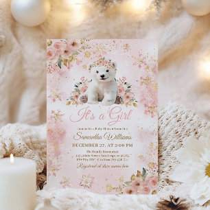 Rosa Vinter Bear a Girl Baby Shower Inbjudningar