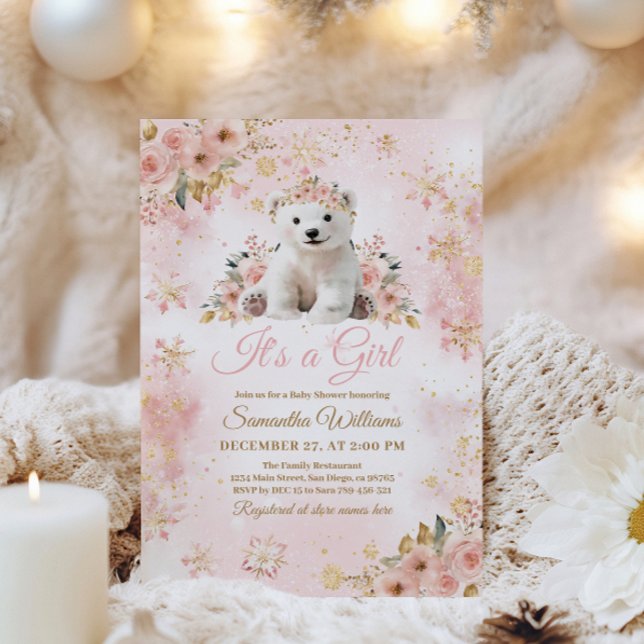 Rosa Vinter Bear a Girl Baby Shower Inbjudningar (Skapare uppladdad)