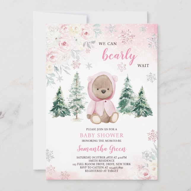 Rosa Vinter Bear Baby Shower Inbjudningar (Framsida)