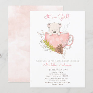 Rosa Vinter Bear Girl Baby Shower Inbjudningar