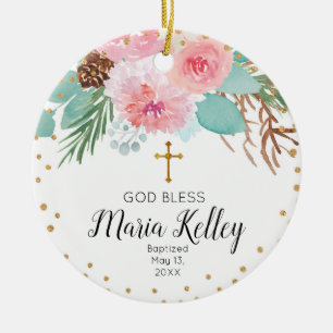 Rosa Vinter Blommigt Personlig Flickbaptism Julgransprydnad Keramik