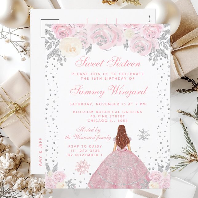 Rosa Vinter Brun Hår Prinsessa Sweet Sixteen Vykort (Skapare uppladdad)