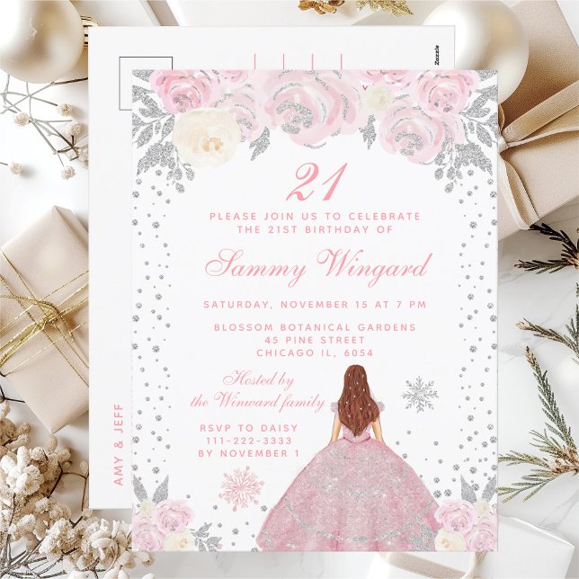 Rosa vinter brunhårig prinsessa födelsedagsfest vykort (Skapare uppladdad)