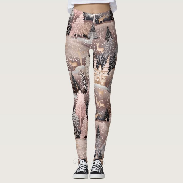Rosa vinter hjort fantasinspirerat slott landskaps leggings (Framsida)