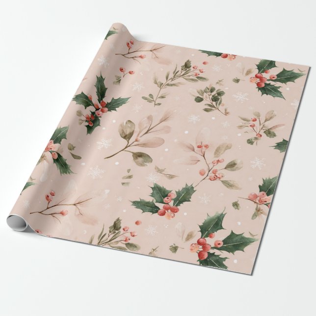 Rosa vinter - julblad och snöflingor (2) presentpapper (Utrullad)