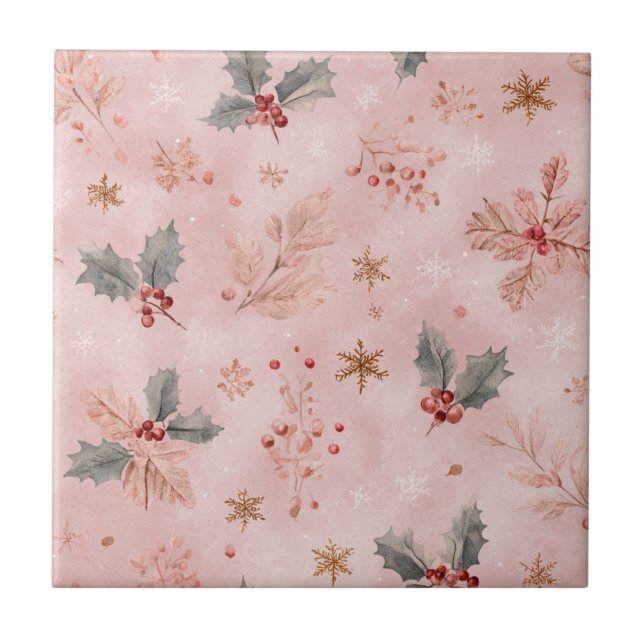 Rosa vinter - julblad och snöflingor kakelplatta (Framsidan)