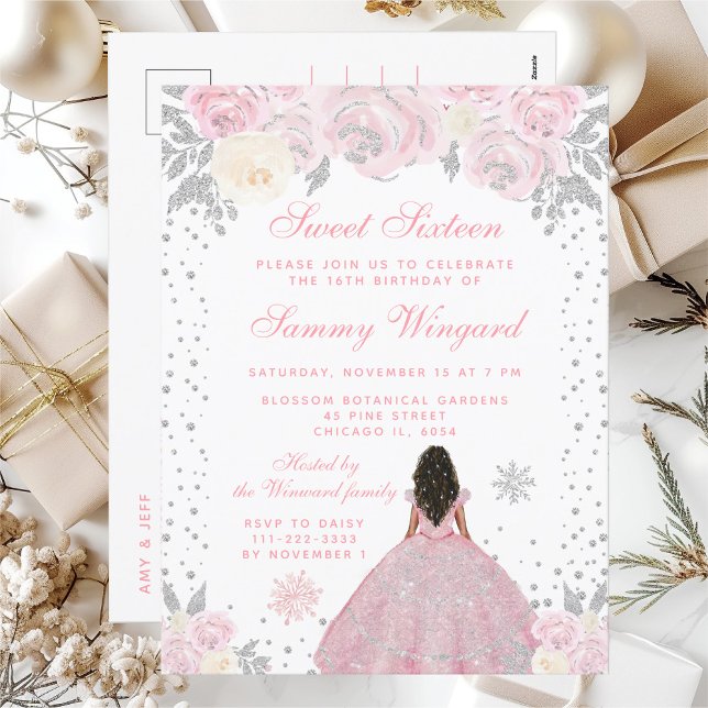 Rosa vinter mörk hud prinsessa Sweet Sixteen Vykort (Skapare uppladdad)