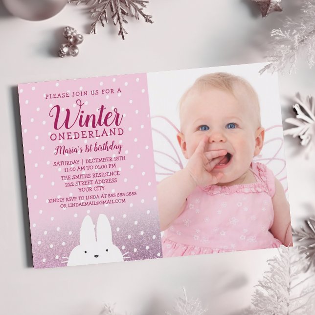 Rosa Vinter ONEderland 1-års födelsedagsfoto Inbjudningar (Skapare uppladdad)