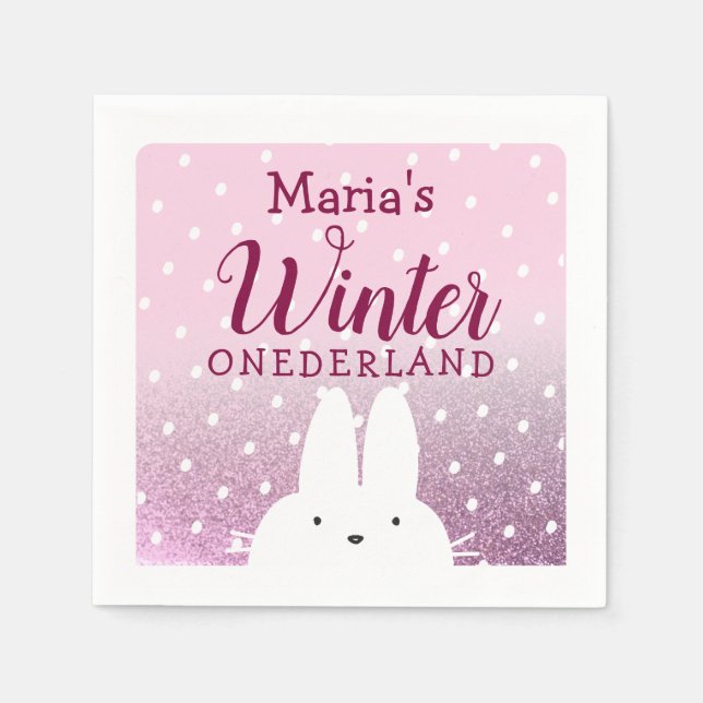 Rosa Vinter Onederland Kanin 1-årsdag Pappersservett (Framsidan)