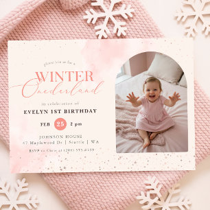 Rosa Vinter Onederland Kid Foto 1-årsdag Inbjudningar