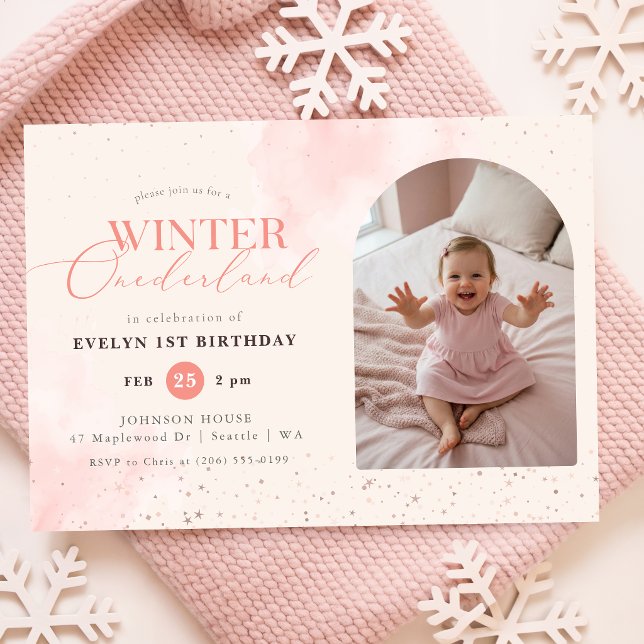 Rosa Vinter Onederland Kid Foto 1-årsdag Inbjudningar (Skapare uppladdad)