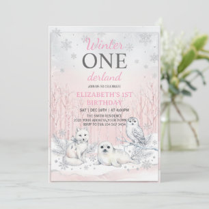 Rosa vinter Onederland Silver glitter 1-års födels Inbjudningar