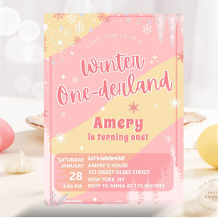 Rosa vinter Onederland Silver Glitter 1-årsfest Inbjudningar