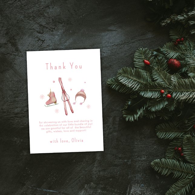 Rosa Vinter Skog Après Bébé Skid Baby Shower  Tack Kort (Pink Winter Woodland Après Bébé Ski Baby Shower Thank You Card)