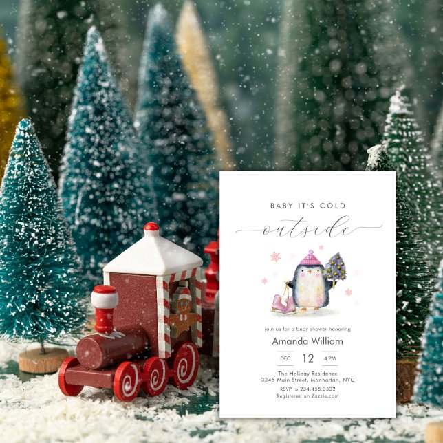 Rosa Vinter Skogs Pingvin Baby Shower Inbjudningar (Pink Winter Woodland Penguin Baby Shower Invitation)