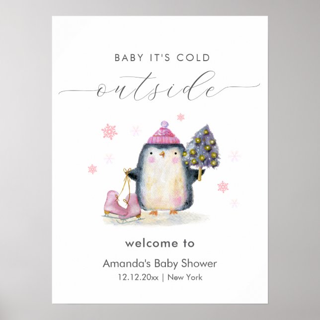 Rosa Vinter Skogs Pingvin Baby Shower Välkommen Poster (Framsidan)