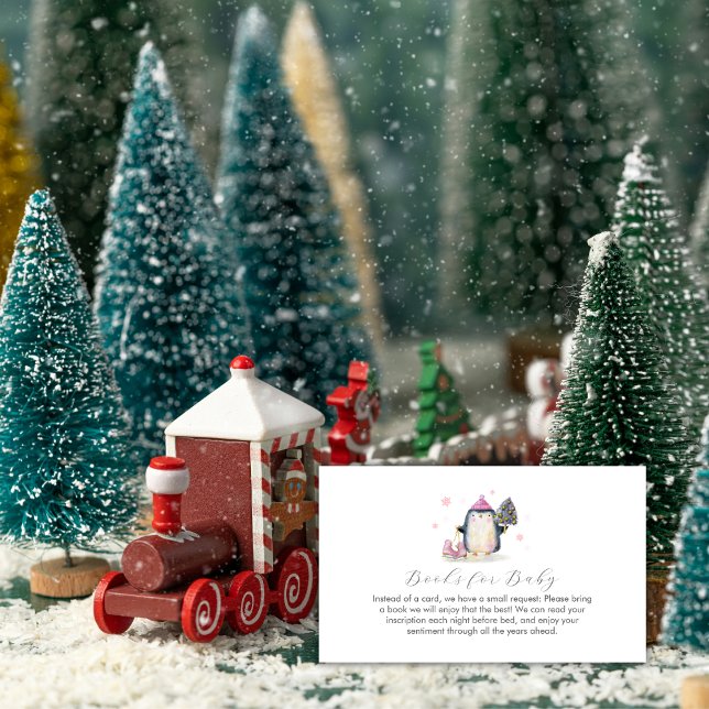 Rosa vinter skridskoåkning pingvin böcker för baby tilläggskort (Pink Winter Skate Penguin Books for Baby Shower Enclosure Card)