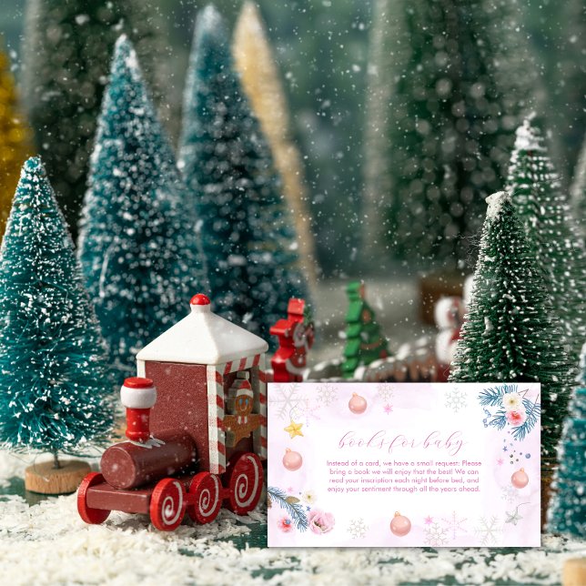 Rosa Vinter Snöflinga Blommig Bok Baby Shower  Tilläggskort (Pink Winter Snowflake Floral Books Baby Shower Enclosure Card)