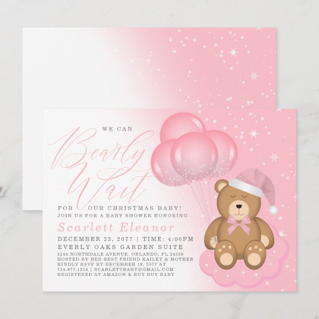 Rosa Vinter Sömnig Bear Balloons Girl Baby Shower Inbjudningar (Fram/baksida)