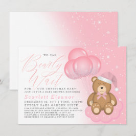 Rosa Vinter Sömnig Bear Balloons Girl Baby Shower Inbjudningar