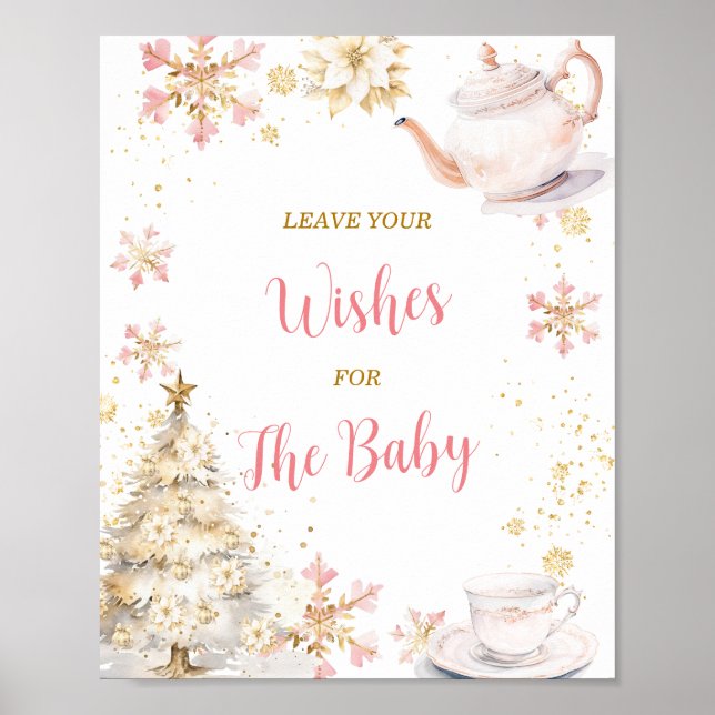 Rosa Vinter Tesalong Baby Shower Lämna Din Önskan Poster (Framsidan)