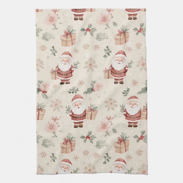 Rosa vinter - Tomte, Snöflingor, Järnek (2) Kökshandduk (Vertikal)