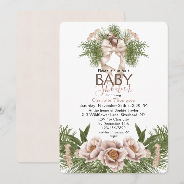 Rosa Vinterblommig Baby Shower Inbjudningar (Fram/baksida)