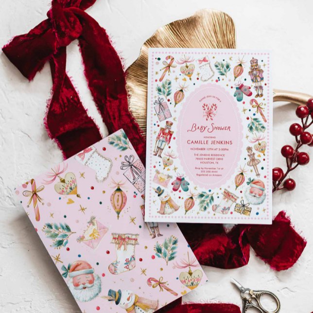 Rosa vinterflicka Bebisdopp inbjudan (Pink Christmas Girl Baby Shower Invitation)