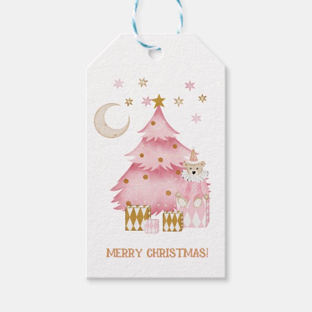 Rosa vinterkandisbjörn av helgdag presentetikett (Framsidan)