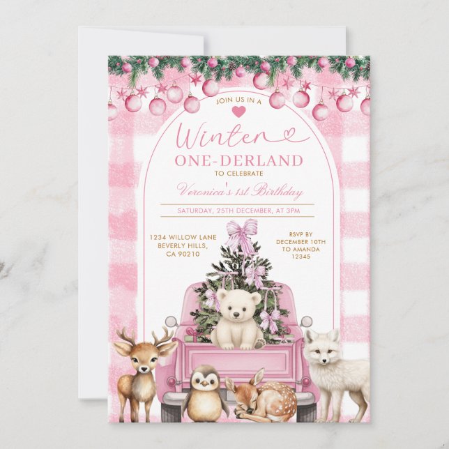 Rosa vinterlastbil Onederland 1-årsdag Djur Inbjudningar (Framsida)
