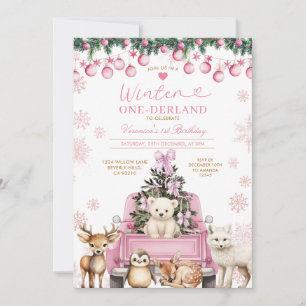 Rosa vinterlastbil Onederland 1-årsdag Djur Inbjudningar