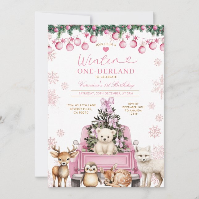 Rosa vinterlastbil Onederland 1-årsdag Djur Inbjudningar (Framsida)
