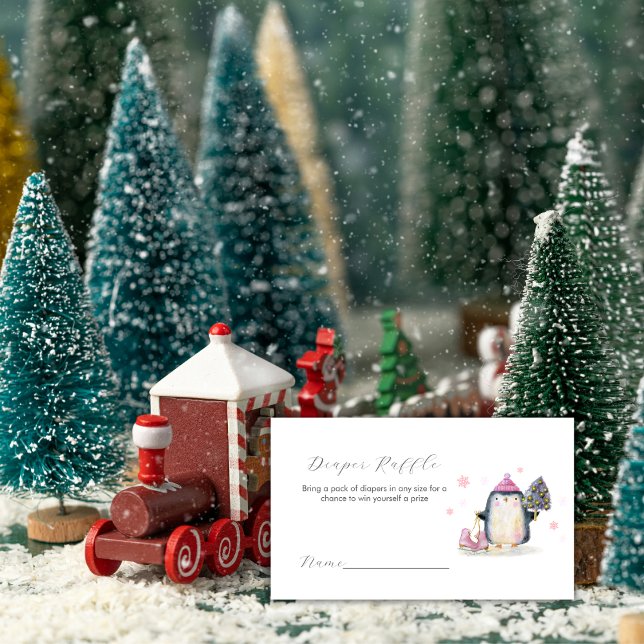 Rosa vinterpingvin blöja lotteri baby shower tilläggskort (Pink Winter Penguin Diaper Raffle Baby Shower Enclosure Card)
