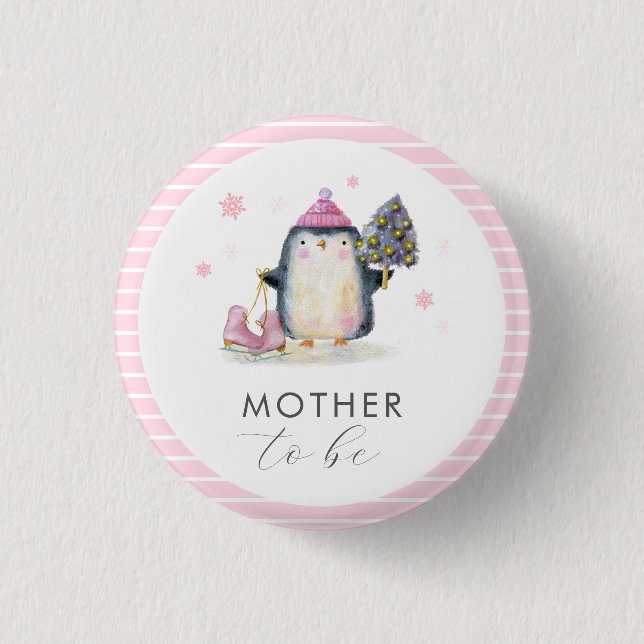 Rosa vinterpingvinblivande mamma Babyshower  Knapp (Framsida)