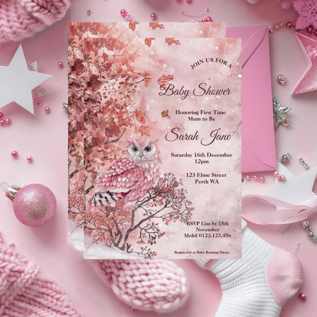 Rosa vinterskogar modern babyskö inbjudningar (Pink Owl Baby Shower Invitation)