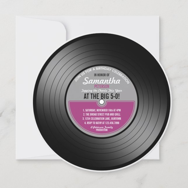 Rosa vinylskiva födelsedagsfest 50 år inbjudningar (Framsida)