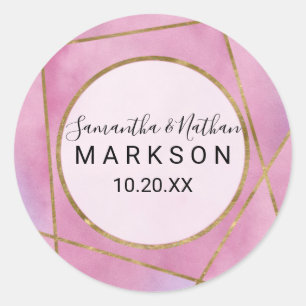 Rosa Violet Guld Watercolor Geo Wedding Stickers Runt Klistermärke