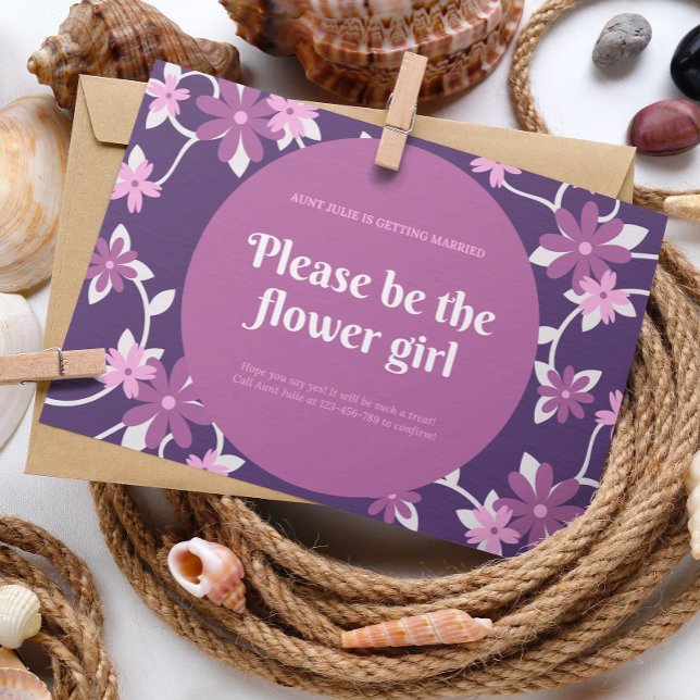 Rosa Violet Illustrated Flower Girl Bröllop Card Inbjudningar (Skapare uppladdad)