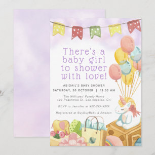 Rosa/Violet Unicorn Balloon Party Girl Baby Shower Inbjudningar