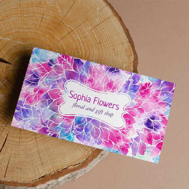 Rosa violett blommigt för färgning av vattenfärg,  visitkort (Pink violet teal hand painted watercolor floral )
