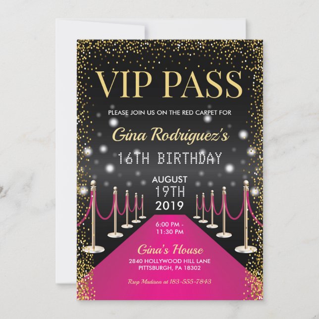 Rosa VIP Pass Hollywood Red Carpet Birthday Inbjudningar (Framsida)