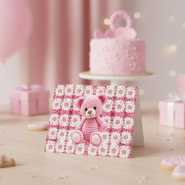 Rosa virkad björn | Tack för baby shower Kort (Skapare uppladdad)