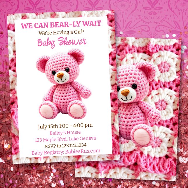 Rosa virkad teddybjörn flicka bebisshower inbjudningar (Skapare uppladdad)