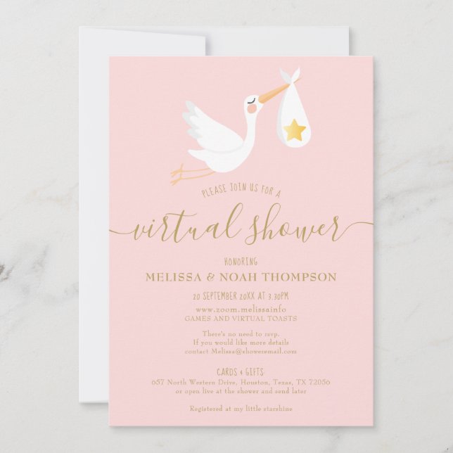 Rosa virtuellt online baby shower på distans inbjudningar (Framsida)