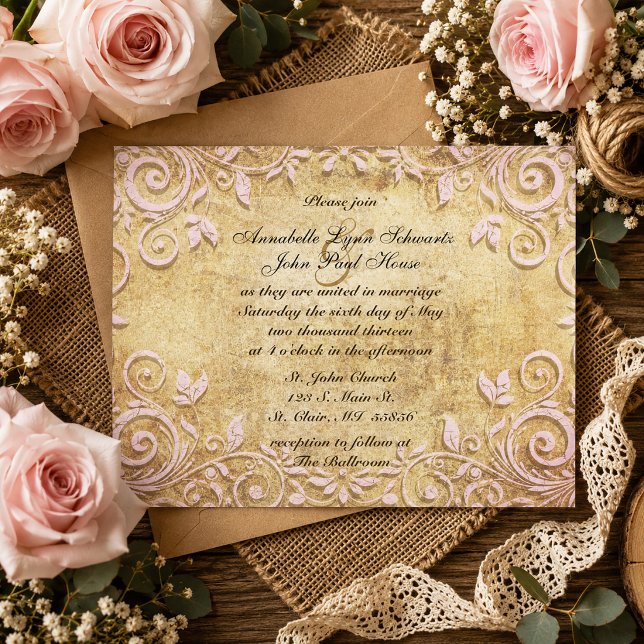 Rosa Virvel Vintage Bröllopsinbjudan Inbjudningar (Pink Swirl Vintage Wedding Invitation)