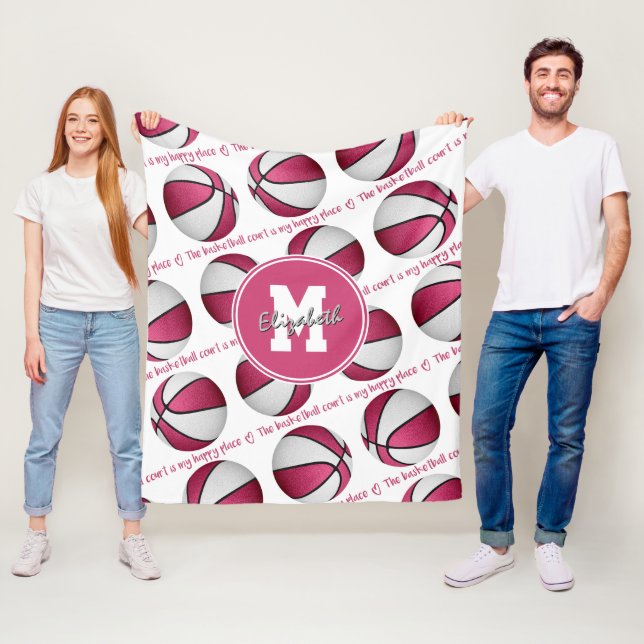 rosa vit Basketbollen är min lycklig ställe Fleecefilt (På plats)