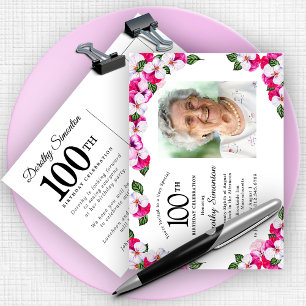 Rosa Vit Blommigt 100:e födelsedagen Inbjudan Vykort