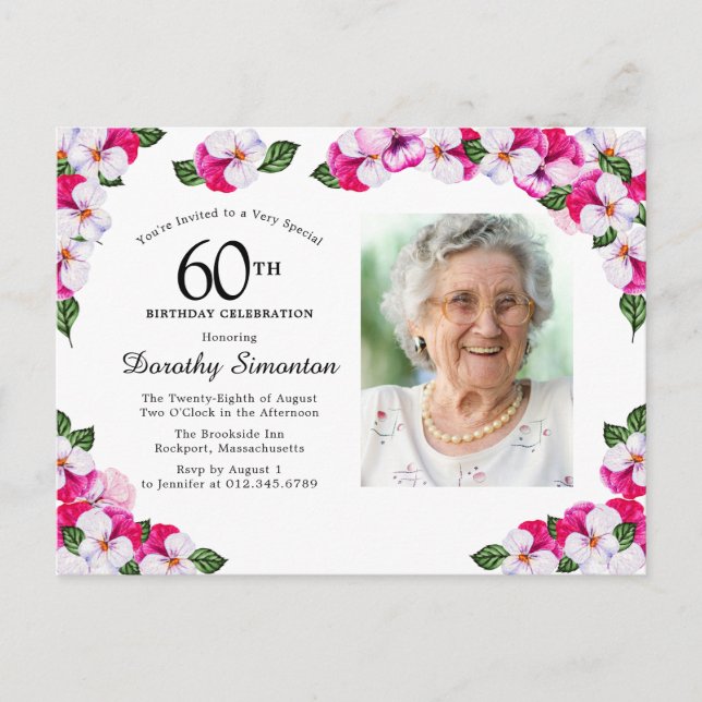 Rosa Vit Blommigt 60:e födelsedagen Inbjudan Vykort (Framsida)