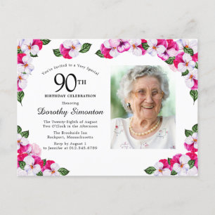 Rosa Vit Blommigt 90:e födelsedag Inbjudan Vykort